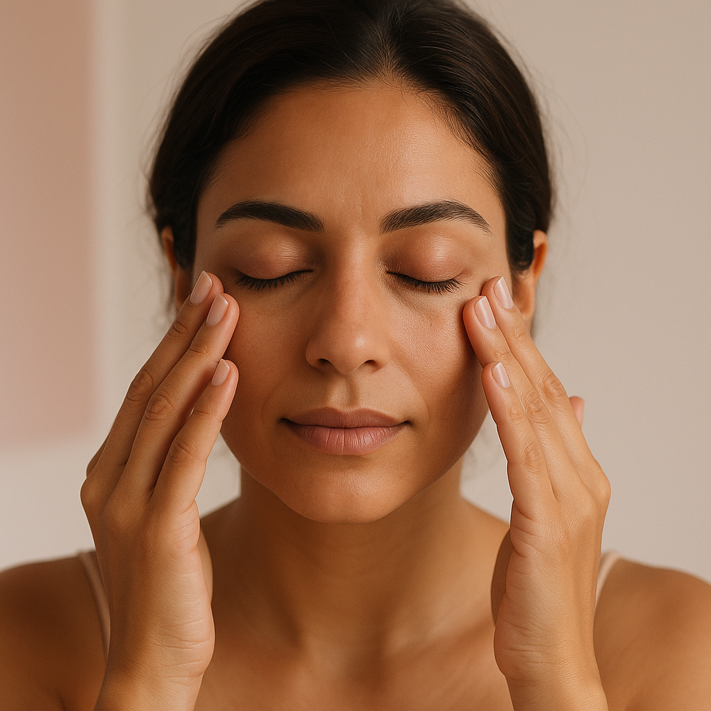 Woman touching the under-eye area to check dark circles before a consultation in Dubai