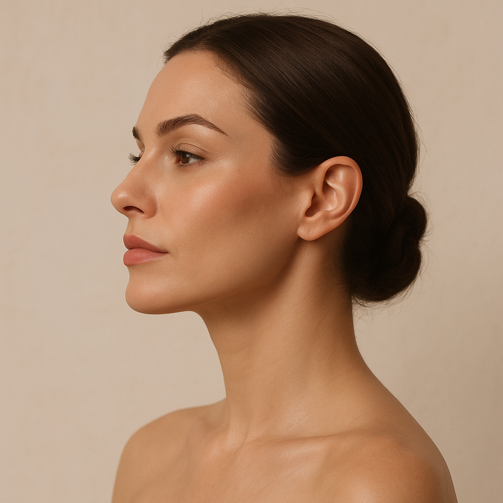 Side profile of a woman showing cheek, chin and jawline contours treated with dermal fillers