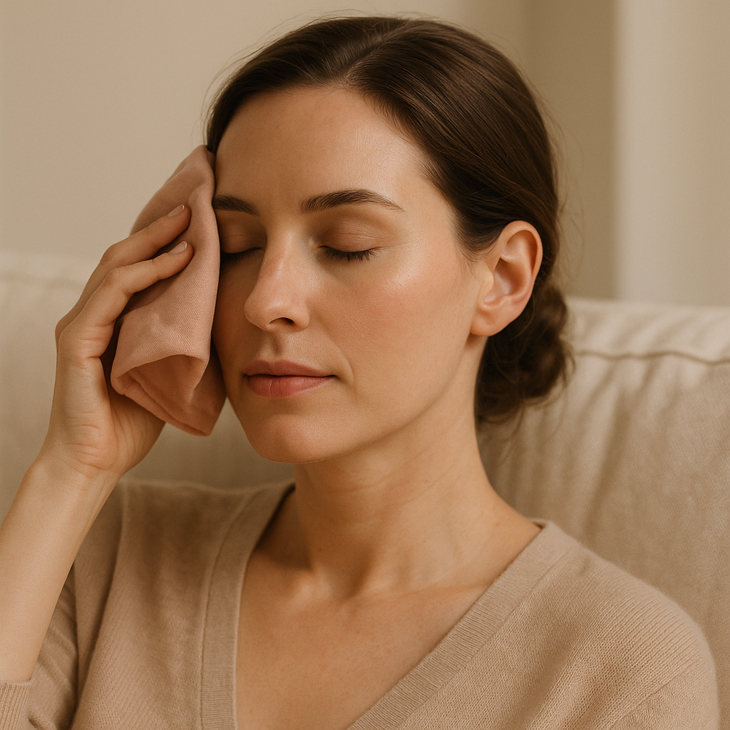 Woman resting upright with a cool compress after anti-wrinkle injections at Diva Clinic Dubai