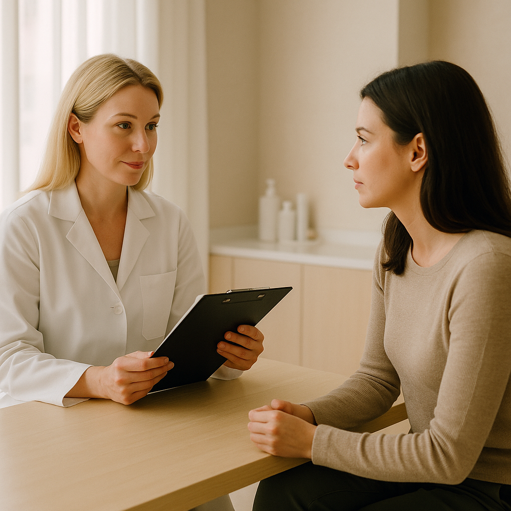 Female doctor reviewing a medical history form with a patient before anti-wrinkle injections at a Dubai clinic