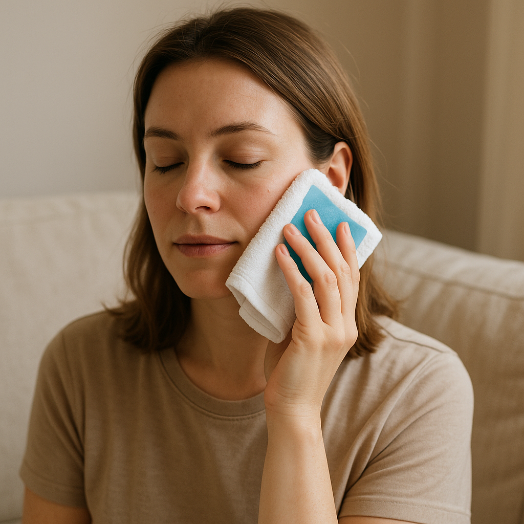 Woman holding a cool compress wrapped in a cloth against her cheek after dermal filler treatment