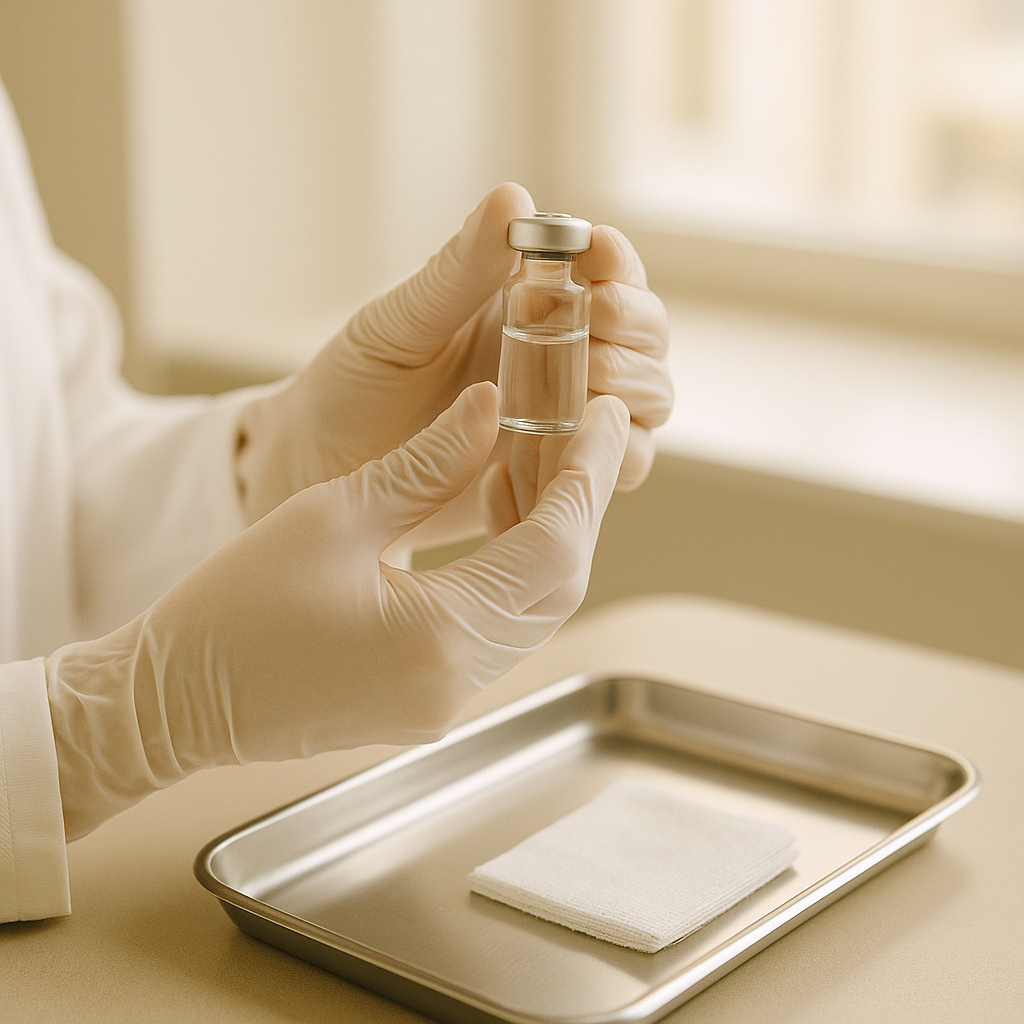 Doctor in gloves preparing a small vial on a clinic tray before a filler dissolving appointment