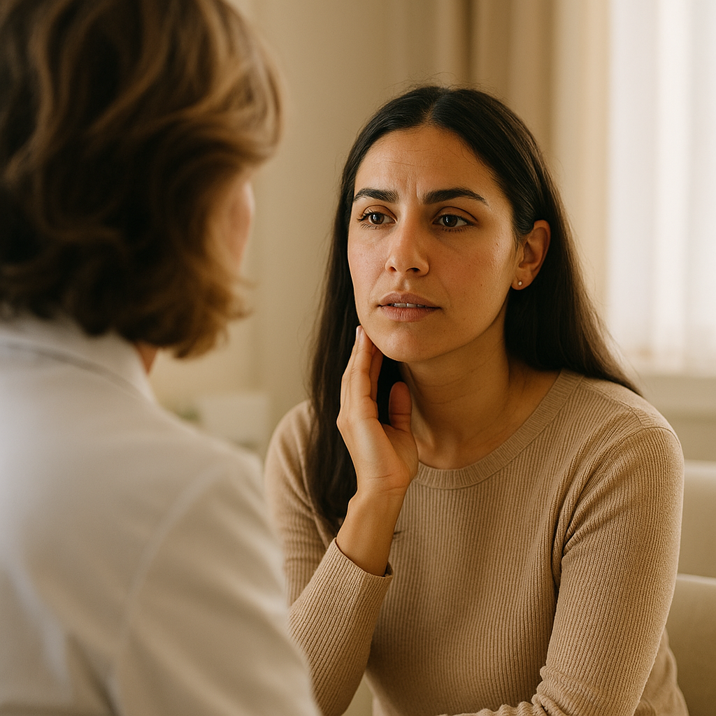 Woman discussing chin and jawline hair growth with a female doctor during a clinic consultation