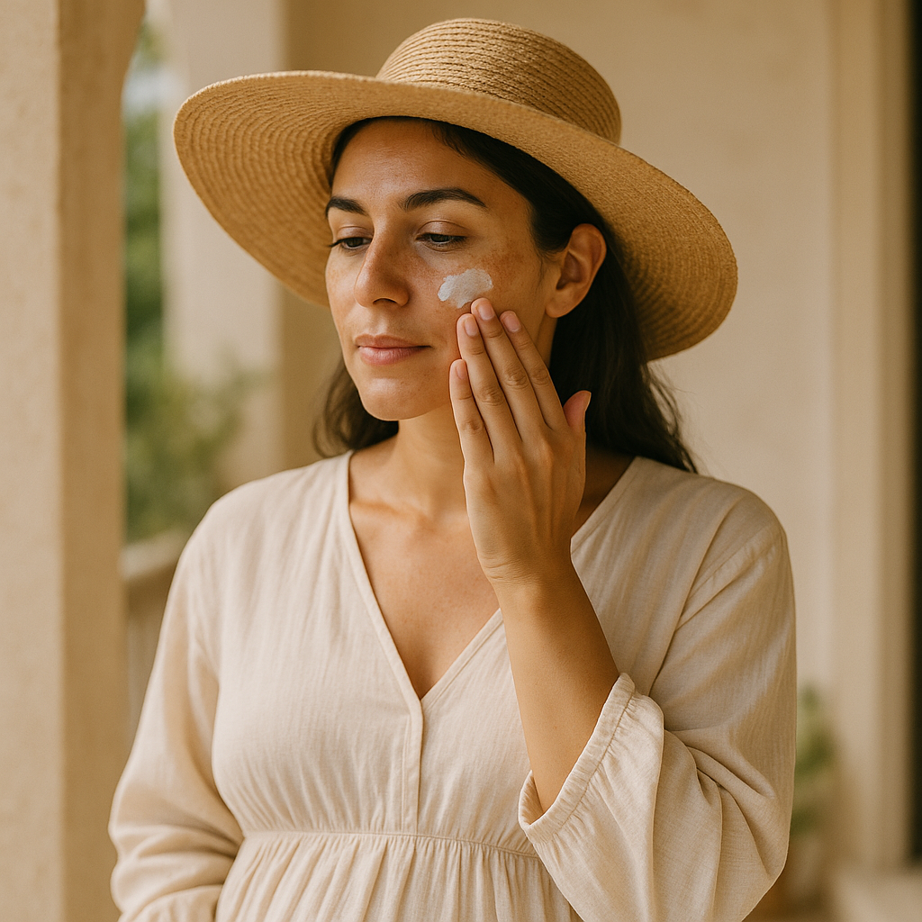 Pregnant woman in a wide-brim hat applying sunscreen to her face in soft daylight