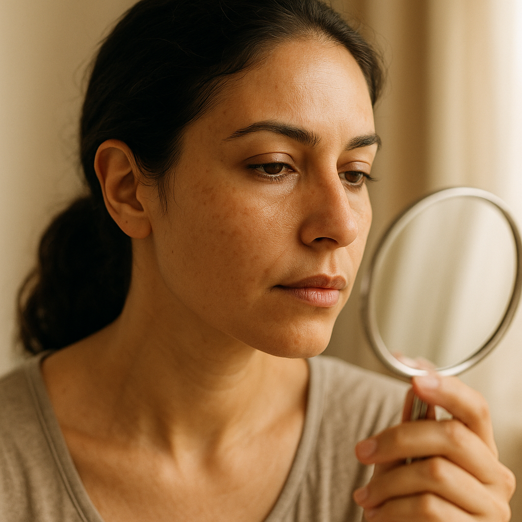 Woman checking uneven pigmentation on her cheek in a hand mirror before a skin assessment in Dubai