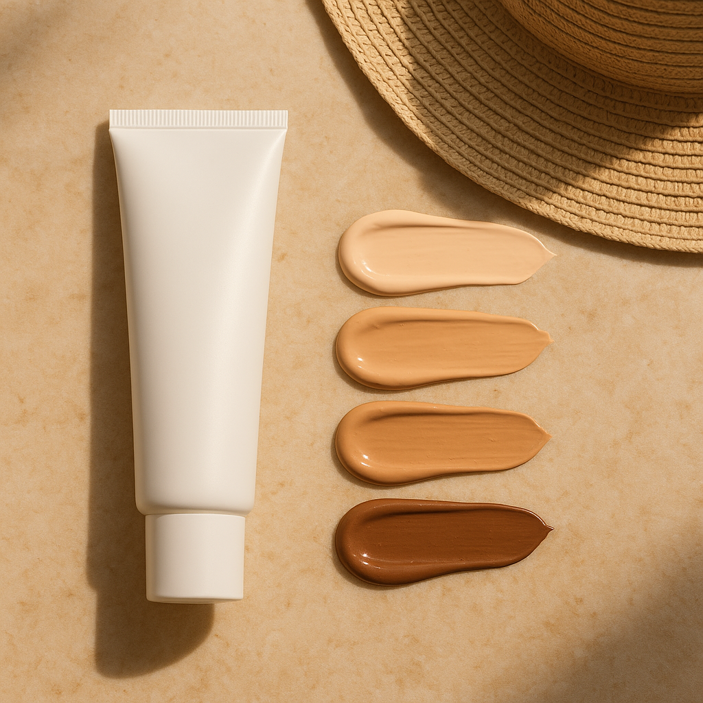 Tinted mineral sunscreen swatches in several skin tone shades beside a sunscreen tube and a straw hat